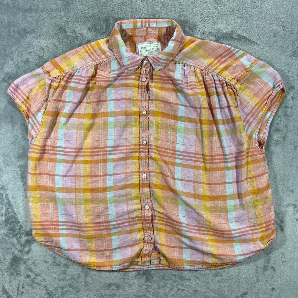American Eagle Button Up Shirt Womens Large Multi Plaid Linen Blend Cap Boho